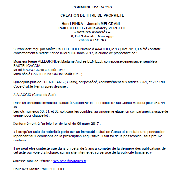 Avis de création de titre de propriété - commune d'Ajaccio (Corse-du-Sud)