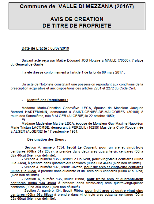 Avis de création de titre de propriété - commune de Valle di Mezzana (Corse-du-Sud)