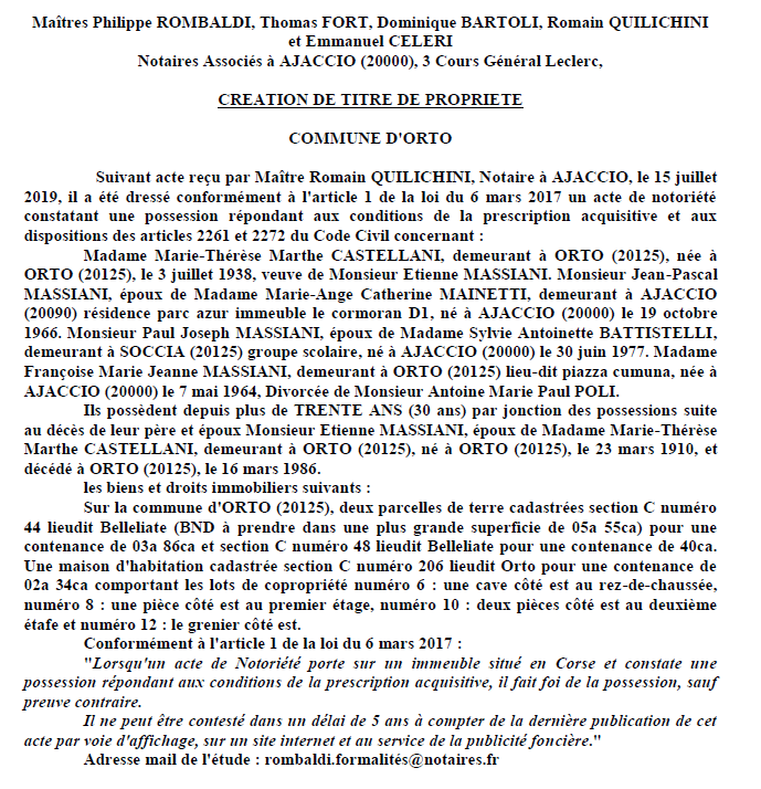 Avis de création de titre de propriété - commune d'Orto (Corse-du-Sud)