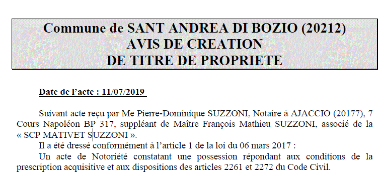 Avis de création de titre de propriété - commune de Sant Andrea di Bozio (Haute-Corse)