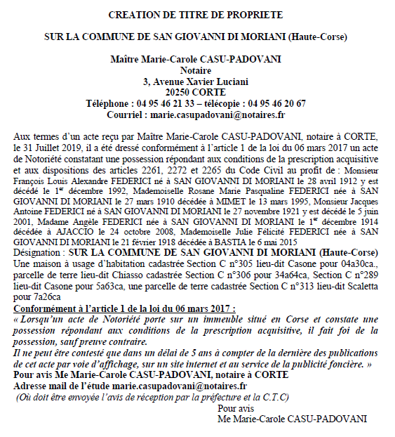 Avis de création de titre de propriété - commune de San Giovanni di Moriani (Haute-Corse)