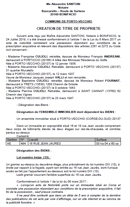 Avis de création de titre de propriété - commune de Porto-Vecchio (Corse-du-Sud)