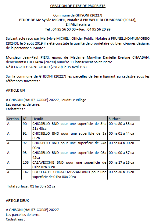 Avis de création de titre de propriété - commune de Prunelli di Fiumorbu (Haute-Corse)