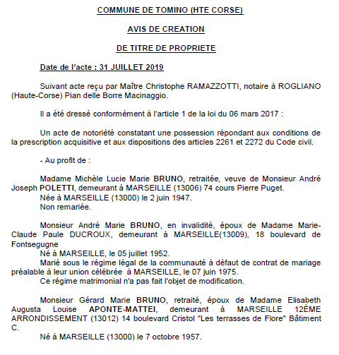 Avis de création de titre de propriété - commune de Tomino (Haute-Corse)
