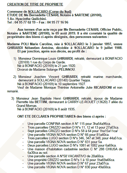 Avis de création de titre de propriété - commune de Sollacaro (Corse-du-Sud)