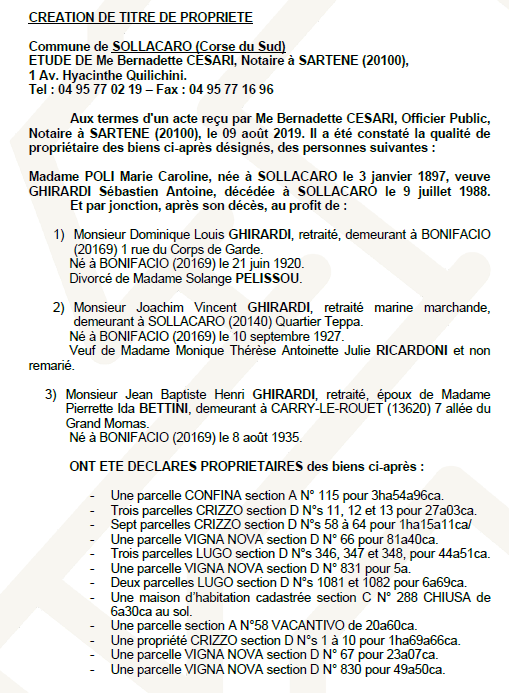 Avis de création de titre de propriété - commune de Bonifacio (Corse-du-Sud)