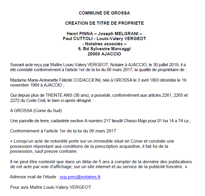 Avis de création de titre de propriété - commune de Grossa (Corse-du-Sud)