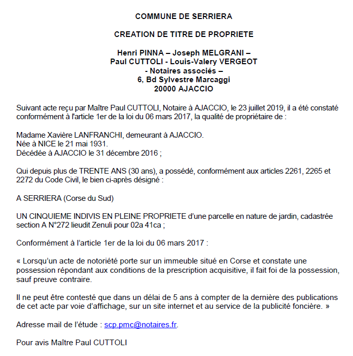 Avis de création de titre de propriété - commune de Serriera (Corse-du-Sud)