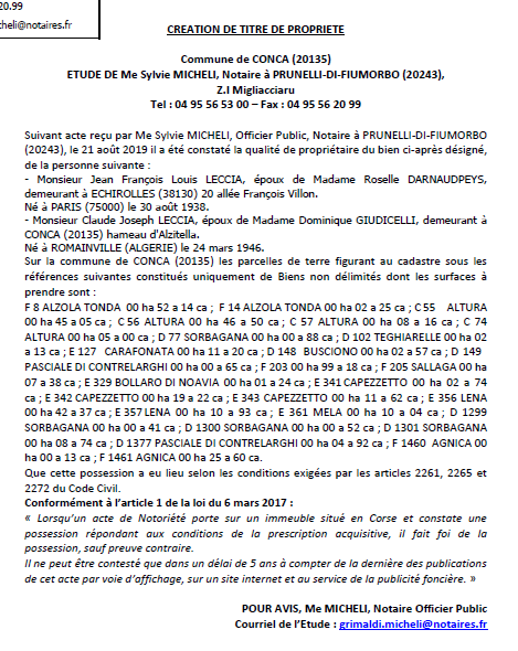 Avis de création de titre de propriété - commune de Conca (Corse-du-Sud)