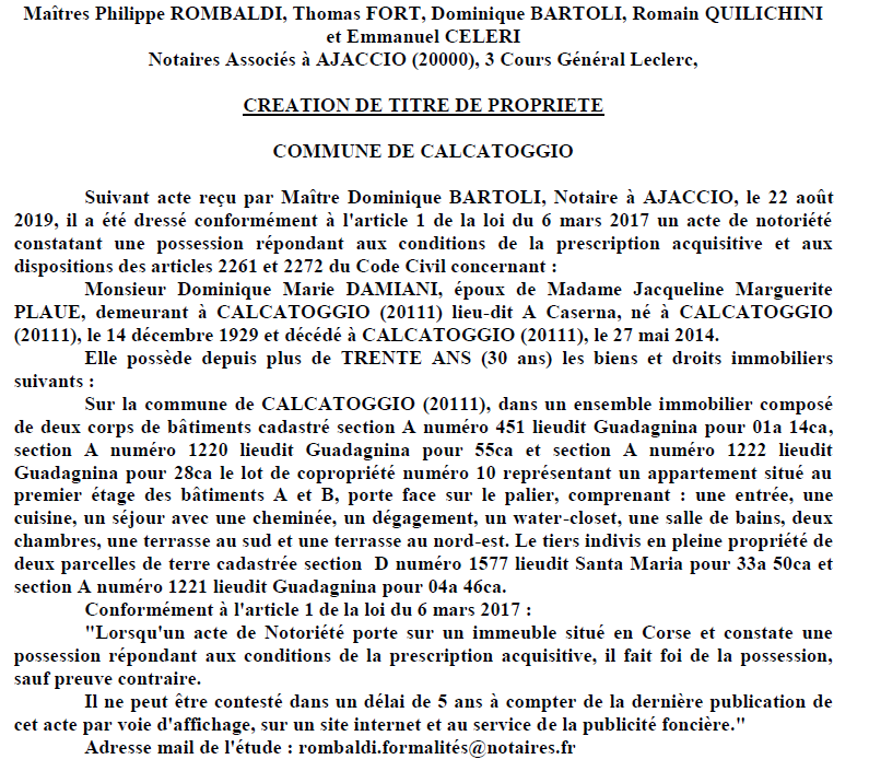 Avis de création de titre de propriété - commune de Calcatoggio (Corse-du-Sud)