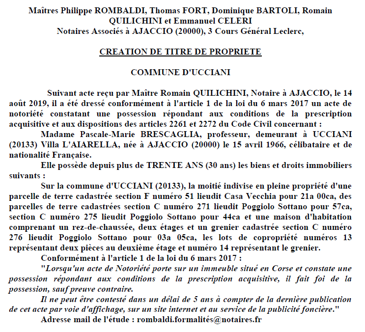 Avis de création de titre de propriété - commune d'Ucciani (Corse-du-Sud)