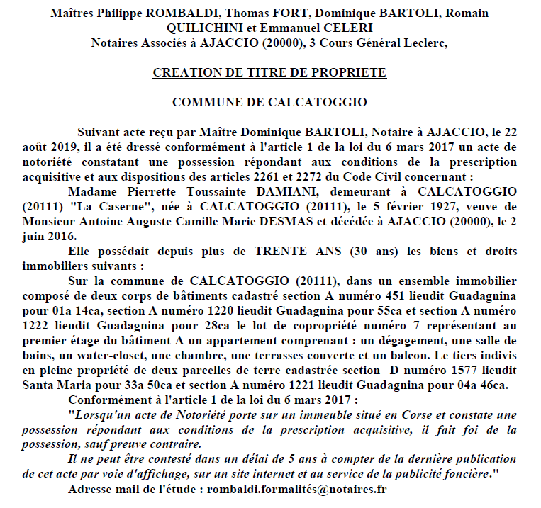Avis de création de titre de propriété - commune de Calcatoggio (Corse-du-Sud)