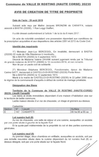 Avis de création de titre de propriété - commune de Valle di Rostino (Haute-Corse)