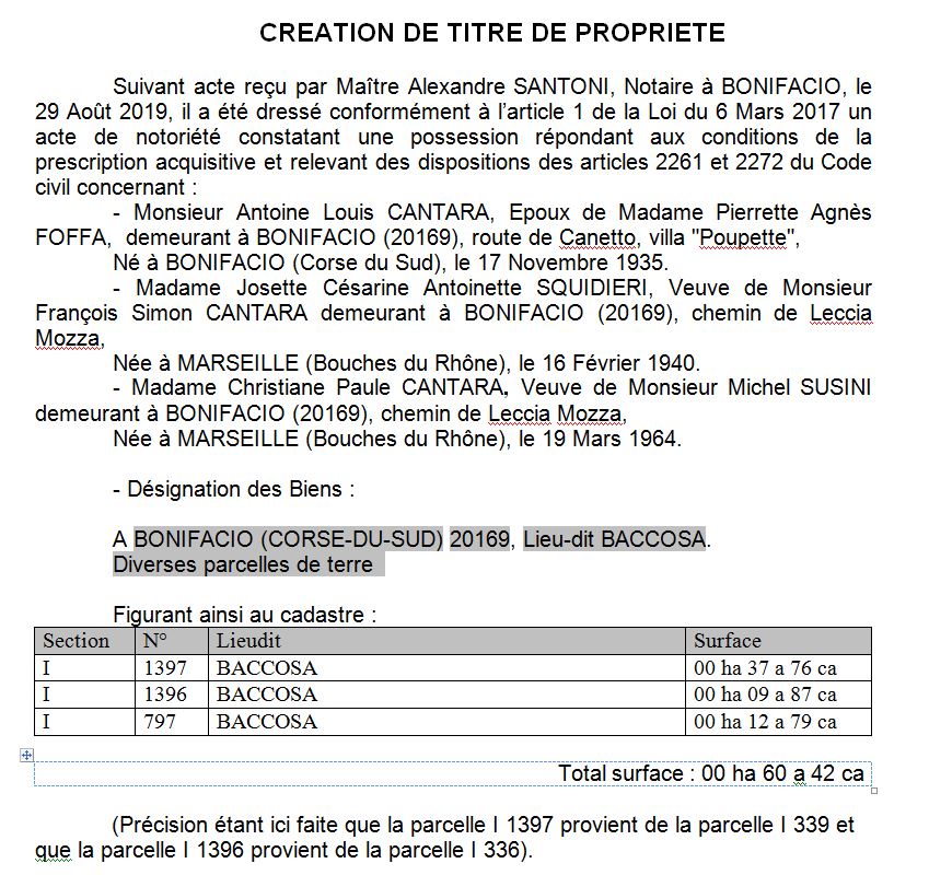 Avis de création de titre de propriété - commune de Bonifacio (Corse-du-Sud)