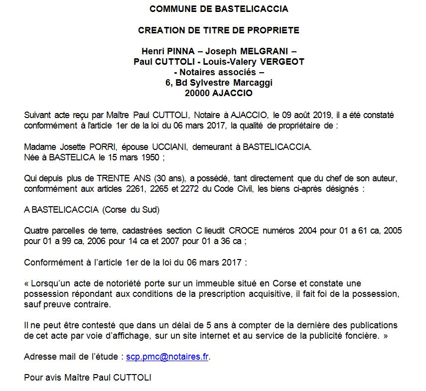 Avis de création de titre de propriété - commune de Bastelicaccia (Corse-du-Sud)