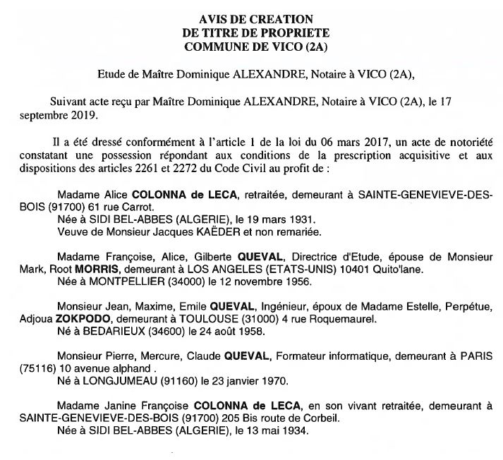 Avis de création de titre de propriété - commune de Vico (Corse-du-Sud)