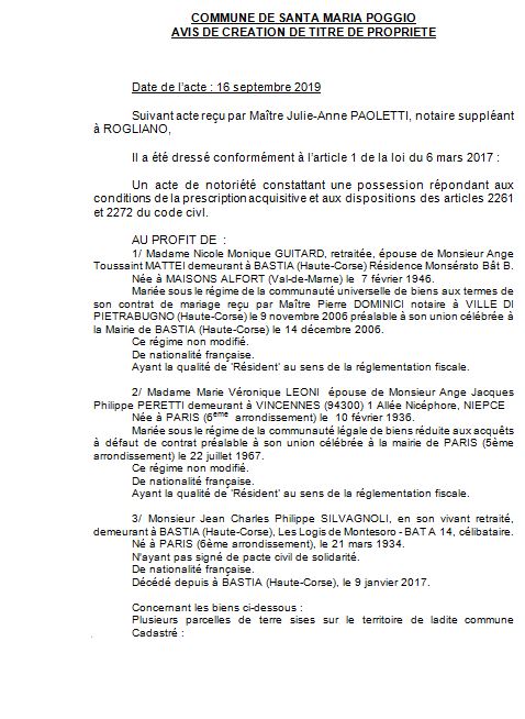 Avis de création de titre de propriété - commune de Santa Maria Poggio (Haute Corse)