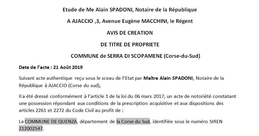 Avis de création de titre de propriété - commune de Serra-di-Scopamène (Corse-du-Sud)