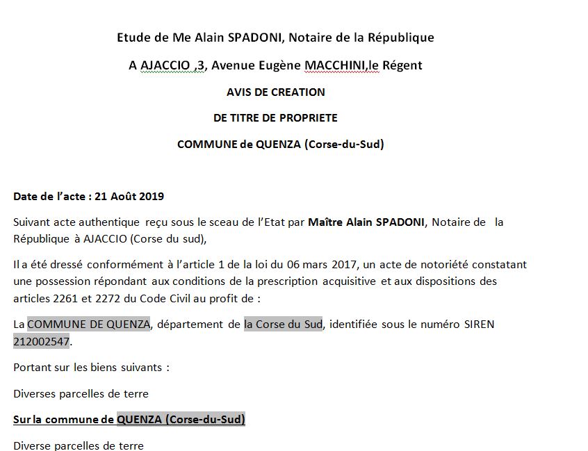 Avis de création de titre de propriété - commune de Quenza (Corse-du-Sud)