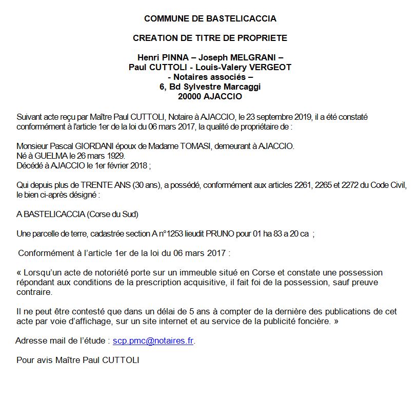 Avis de création de titre de propriété - commune de Bastelicaccia (Corse-du-sud)