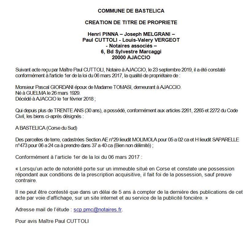 Avis de création de titre de propriété - commune de Bastelica (Corse-du-sud)