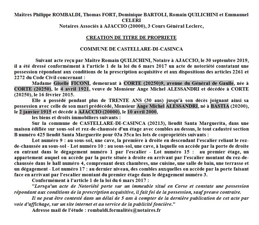Avis de création de titre de propriété - commune de Castellare di Casinca (Haute corse)