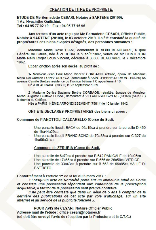 Avis de création de titre de propriété - commune de Pianotolli-Caldarello et Zerubia (Corse-du-sud)