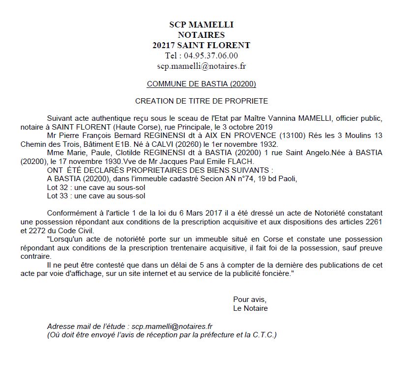 Avis de création de titre de propriété - commune de Bastia (Haute corse)