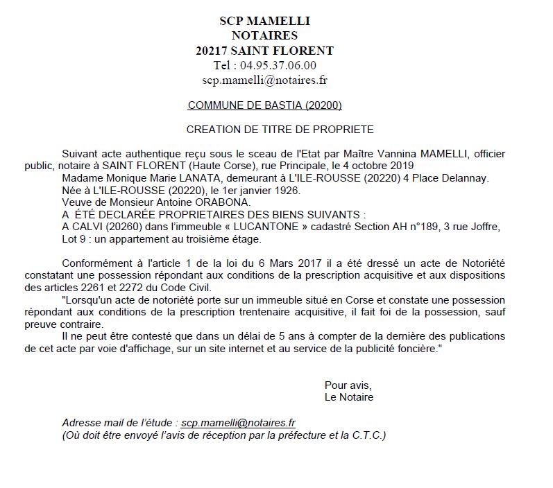 Avis de création de titre de propriété - commune de Calvi (Haute corse) Avis de création de titre de propriété - commune de Calvi (Haute corse)