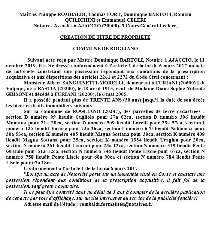 Avis de création de titre de propriété - commune de Rogliano (Haute Corse)