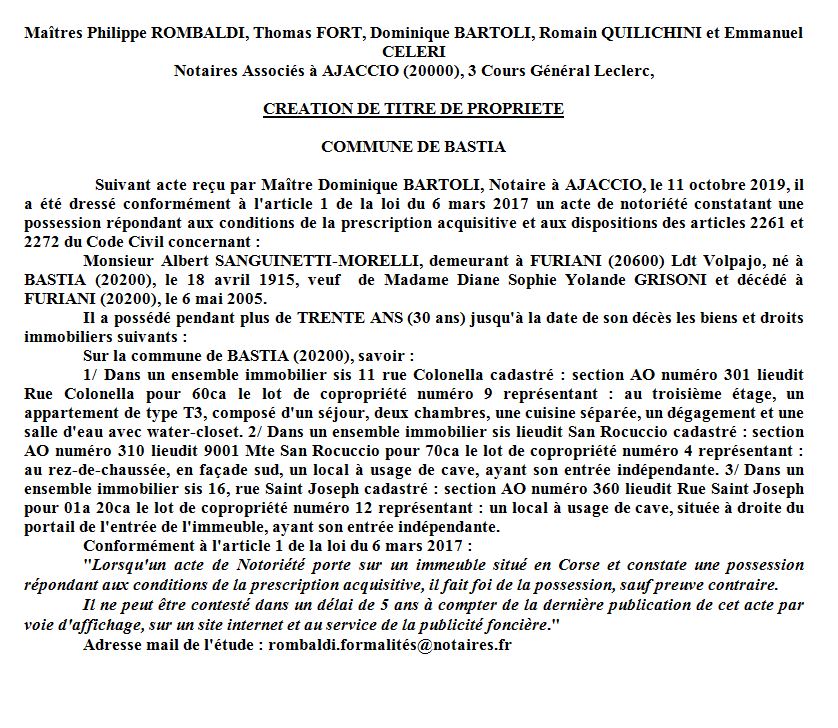 Avis de création de titre de propriété - commune de Bastia (Haute Corse)