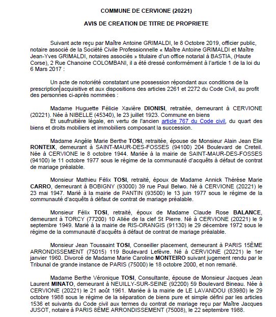 Avis de création de titre de propriété - commune de Cervione (Haute Corse)