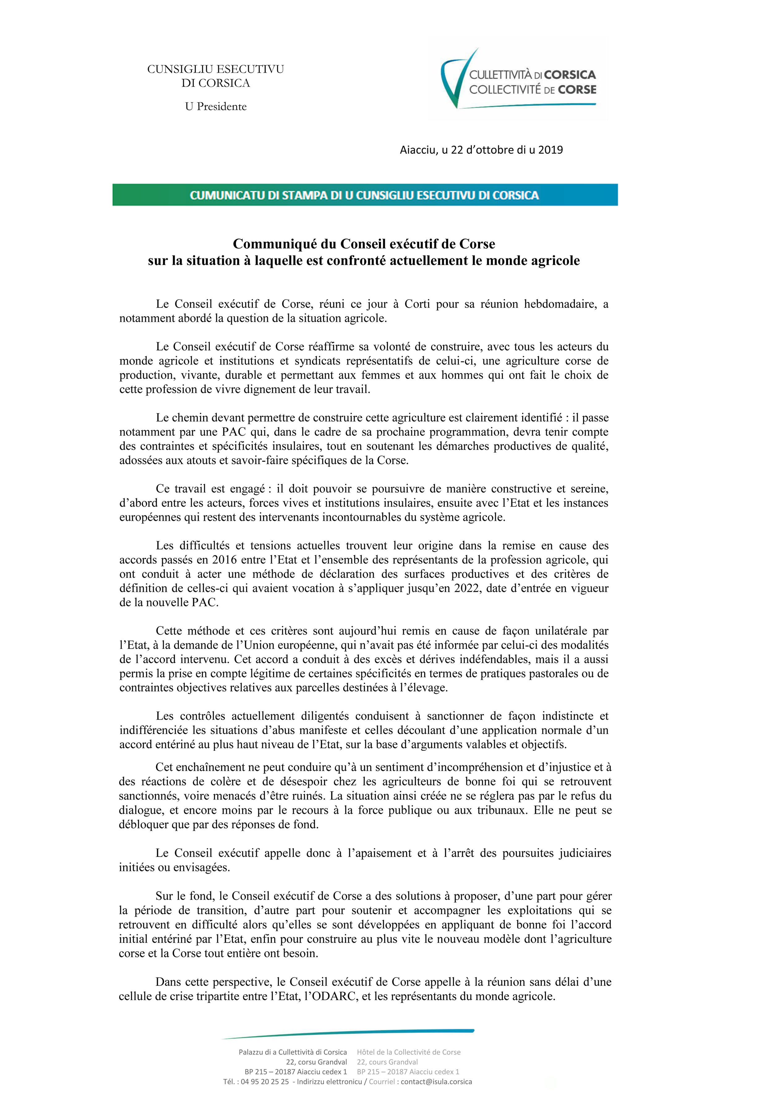 Le Conseil exécutif de Corse s'exprime sur la situation à laquelle est confronté actuellement le monde agricole