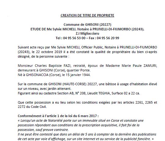Avis de création de titre de propriété - commune de Ghisoni (Haute Corse)