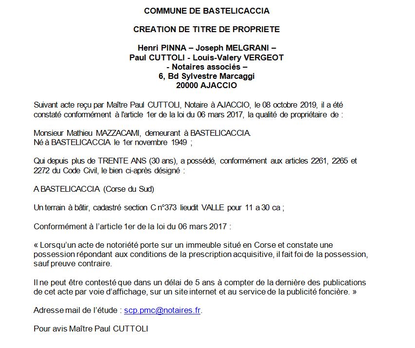 Avis de création de titre de propriété - commune de Bastelicaccia (Corse du Sud)