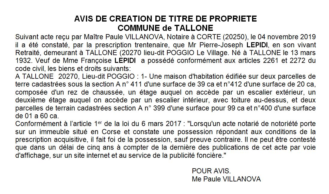 Avis de création de titre de propriété - commune de Tallone (Haute corse)