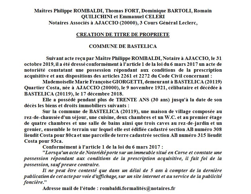 Avis de création de titre de propriété - commune de Bastelica (Corse-du-sud)