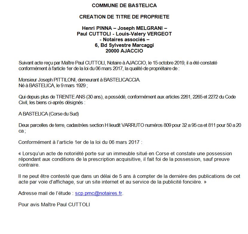 Avis de création de titre de propriété - commune de Bastelica (Corse du sud)