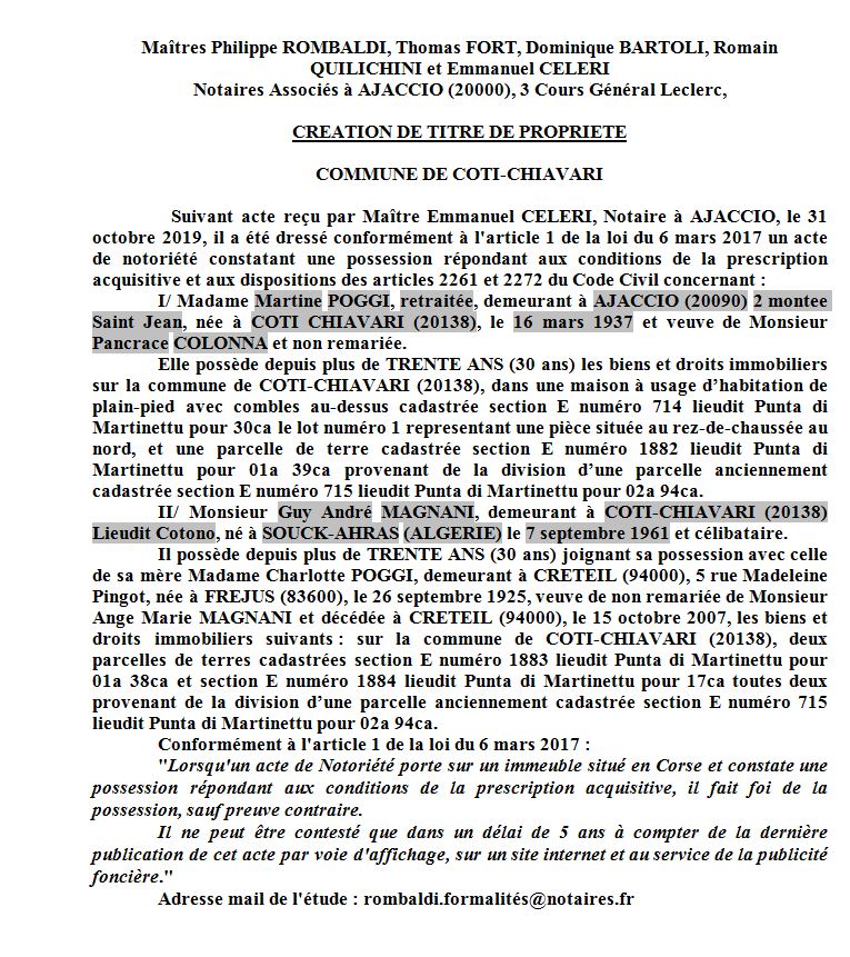 Avis de création de titre de propriété - commune de Coti-Chiavari (Corse du sud)
