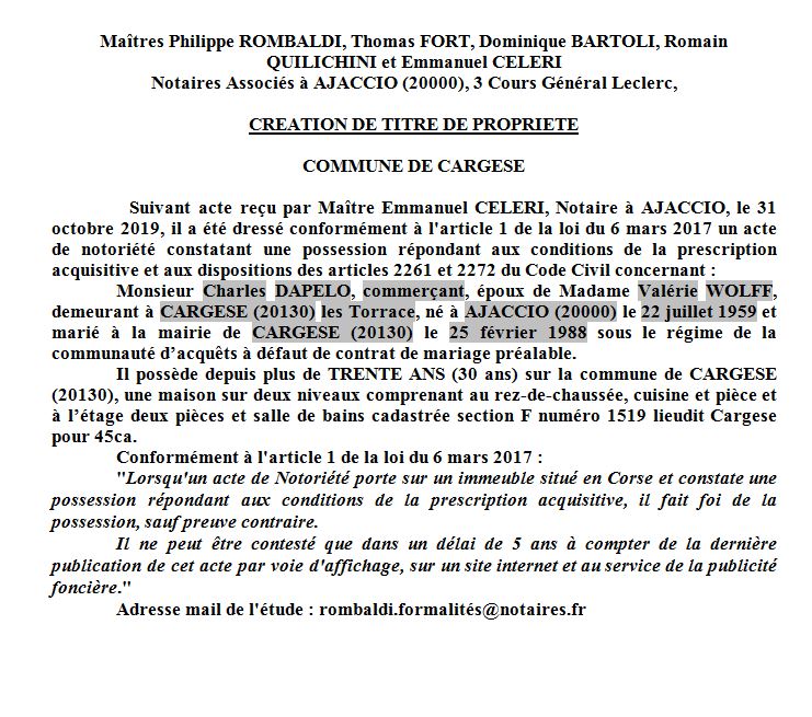 Avis de création de titre de propriété - commune de Cargèse (Corse du sud)