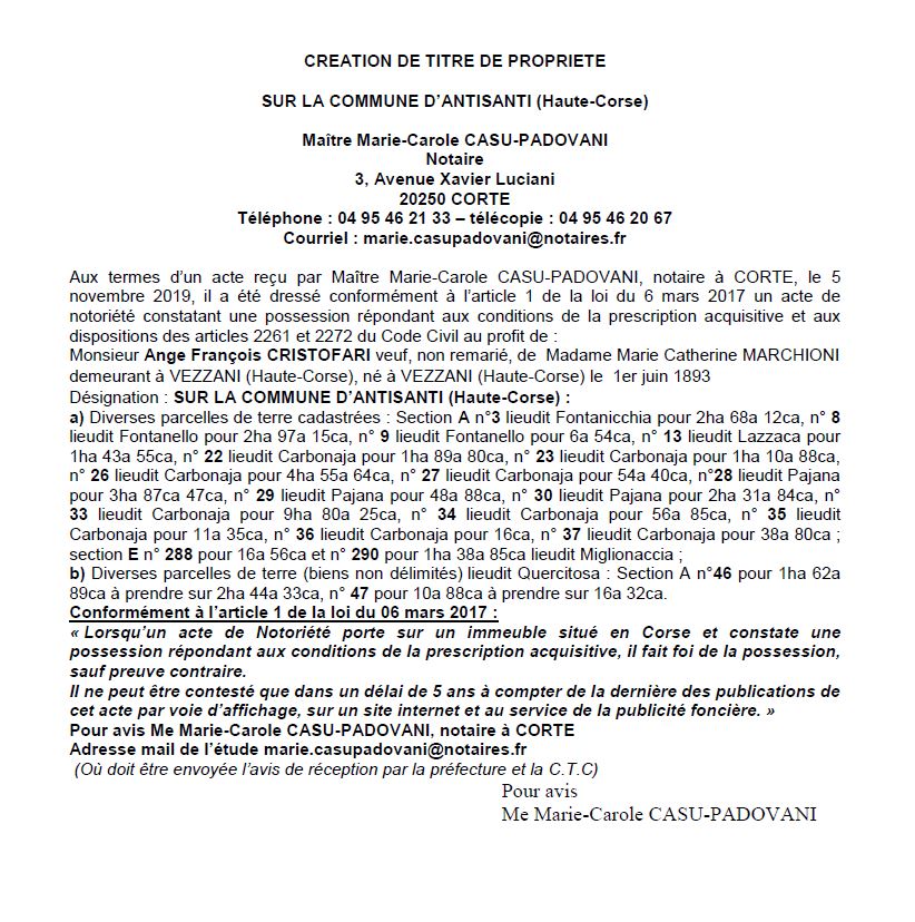 Avis de création de titre de propriété - commune d'Antisanti (Haute Corse)