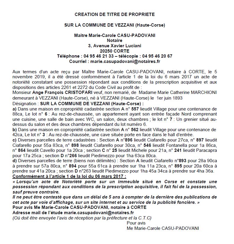 Avis de création de titre de propriété - commune de Vezzani (Haute Corse)