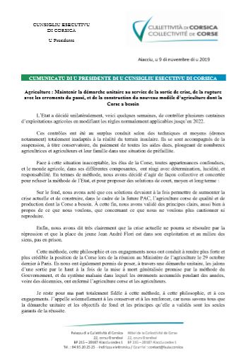 Communiqué du Président du Conseil exécutif de Corse sur la situation agricole : "Maintenir la démarche unitaire au service de la sortie de crise"
