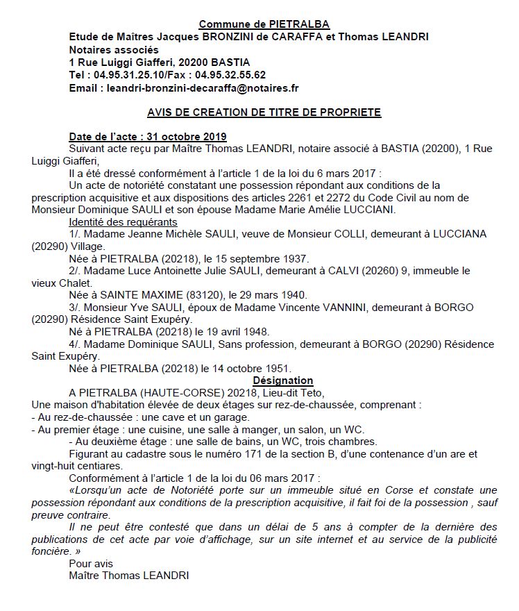 Avis de création de titre de propriété - commune de Pietralba (Haute Corse) Avis de création de titre de propriété - commune de Pietralba (Haute Corse)