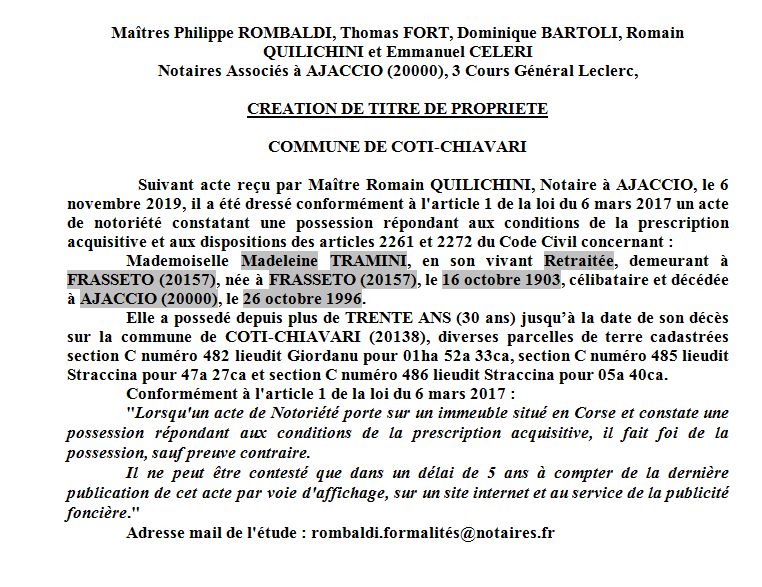 Avis de création de titre de propriété - commune de Coti-Chiavari (Corse du Sud)