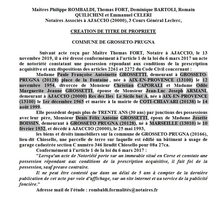 Avis de création de titre de propriété - commune de Grosseto-Prugna (Corse du Sud)