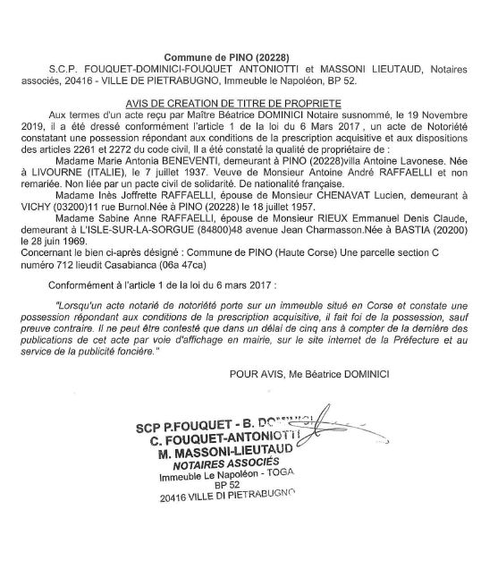 Avis de création de titre de propriété - commune de Pino (Haute Corse)
