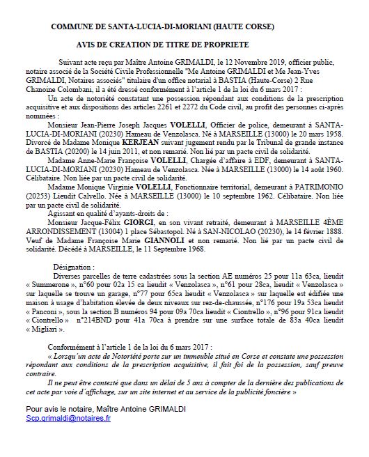 Avis de création de titre de propriété - commune de Santa Lucia di Moriani (Haute-Corse) Avis de création de titre de propriété - commune de Santa Lucia di Moriani (Haute-Corse)