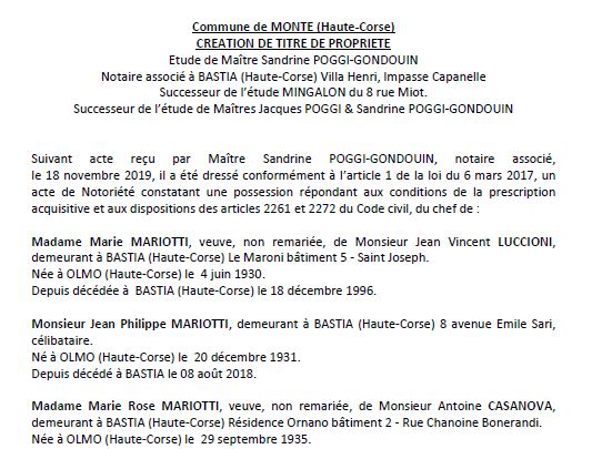 Avis de création de titre de propriété - commune de Monte (Haute-Corse)