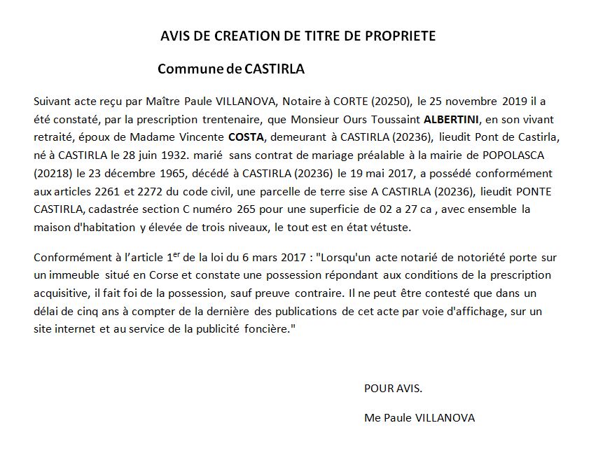 Avis de création de titre de propriété - commune de Castirla (Haute Corse)
